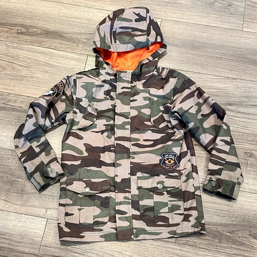 Lucky Brand Boys 6 Camouflage Utility Jacket with Vibrant Orange Interior